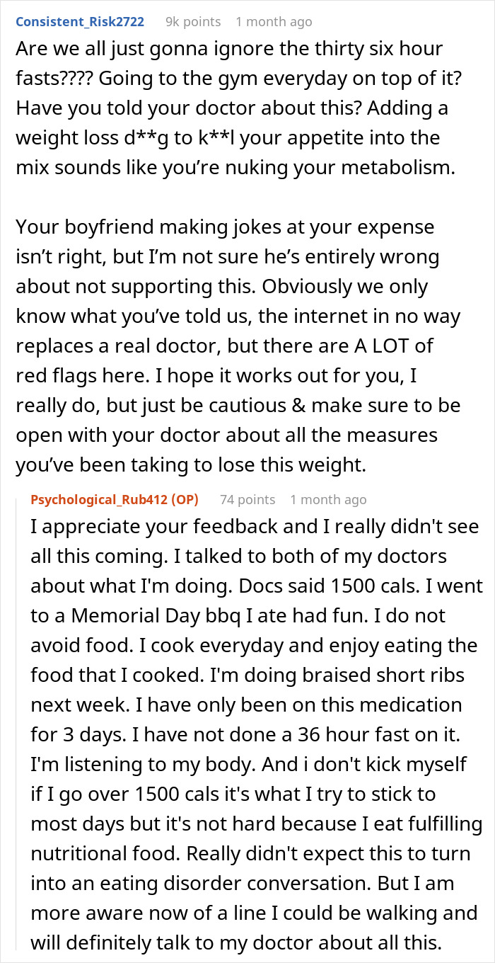Reddit conversation discussing weight loss medication prescribed by doctor with boyfriend responding only with jokes. Reddit conversation discussing weight loss medication prescribed by doctor with boyfriend responding only with jokes.