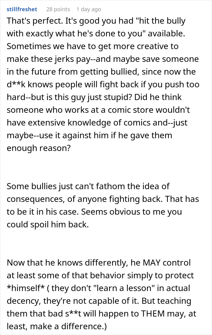 Man at comic store counter revealing Stargate spoilers, shop employee ready to respond with payback at register.