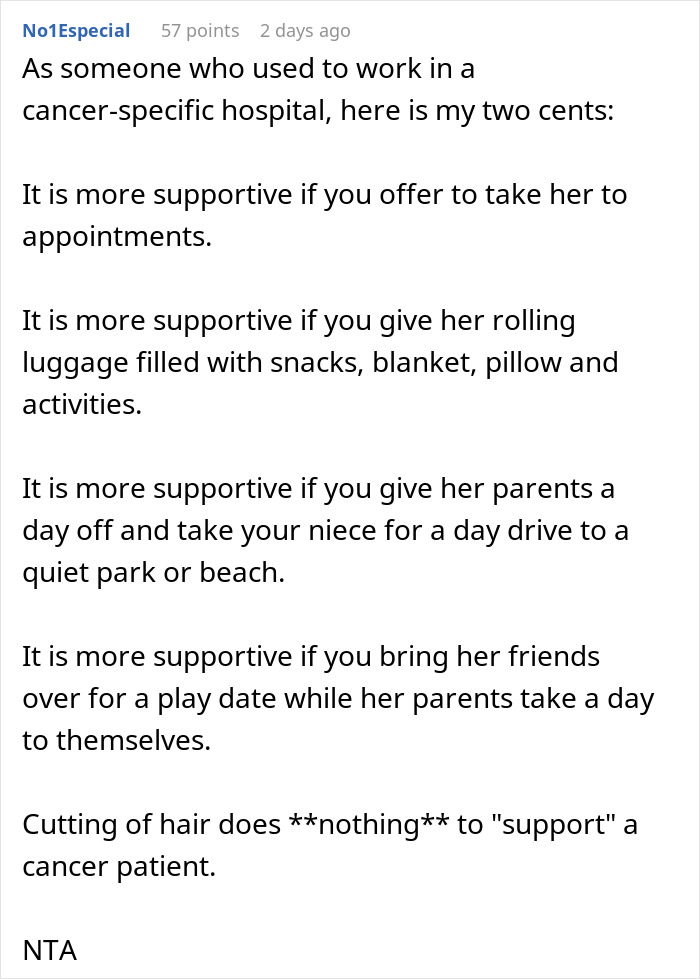 Reddit comment explaining supportive actions beyond shaving heads for families with a child cancer patient.