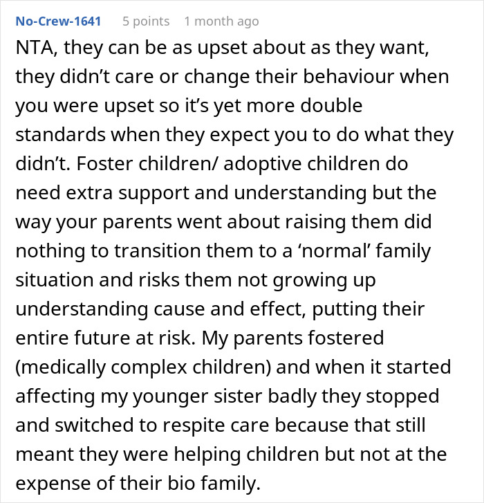 Comment discussing parents favoring adopted kids over bio son, highlighting double standards and effects on foster children. - 55