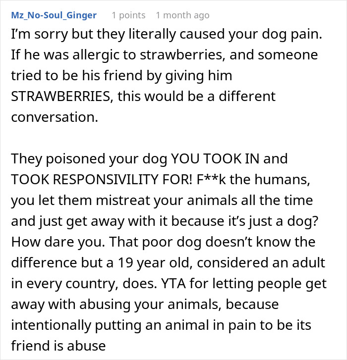 Comment discussing dog pain caused by owner negligence and refusing to replace nephew&rsquo;s jacket after dog&rsquo;s accident.