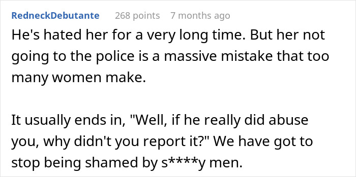 Comment discussing domestic abuse, highlighting the mistake of not reporting and shaming abusive men online. - 35