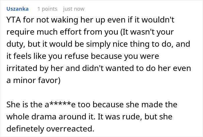 Comment discussing tourist oversleeping and guide's role in waking her, highlighting frustration and overreaction in travel situation. - 40