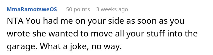 Comment stating refusal to give home to sister&rsquo;s family, insisting I&rsquo;m not a landlord and rejecting moving belongings into the garage.