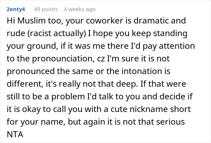 Comment discussing borderline racism incident where Korean woman is asked to change her name due to coworker’s offense. Comment discussing borderline racism incident where Korean woman is asked to change her name due to coworker’s offense.