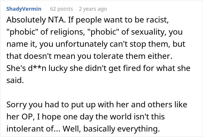 Screenshot of a Reddit comment discussing Islamophobia and discrimination against a Muslim coworker in the workplace.