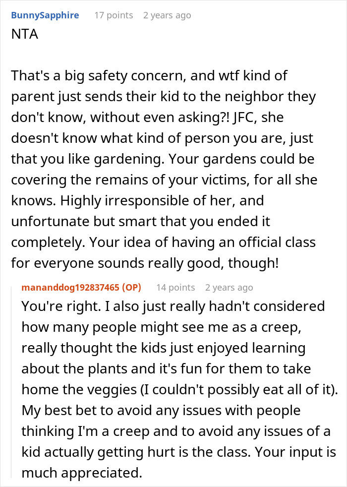 Reddit discussion about man banning children from his property due to an entitled parent causing safety concerns. - 24