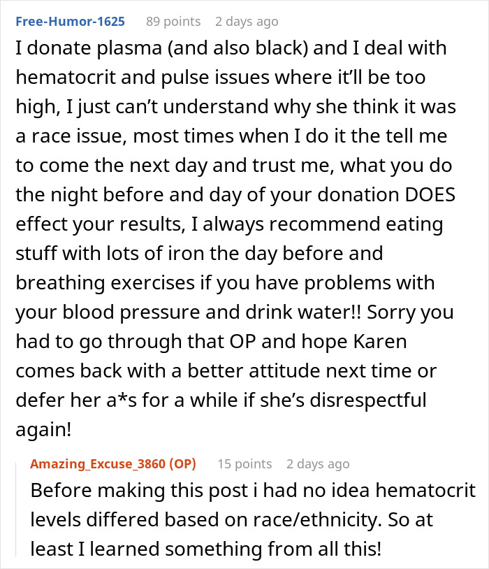 Reddit comments discussing woman denied plasma donation, payment demands, and accusations of racism at donation center. Reddit comments discussing woman denied plasma donation, payment demands, and accusations of racism at donation center.