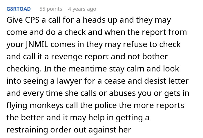 Reddit advice suggesting contacting CPS, staying calm, and seeking a lawyer after threats from mother-in-law involves child protection concerns. Reddit advice suggesting contacting CPS, staying calm, and seeking a lawyer after threats from mother-in-law involves child protection concerns.