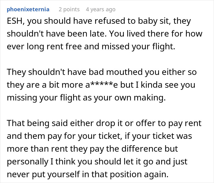 Woman misses flight babysitting niece, discusses compensation issues with parents in a family disagreement. - 35