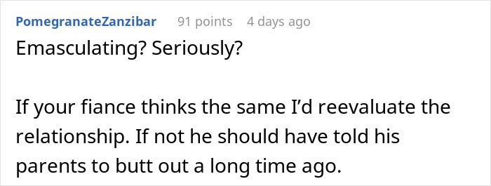 Reddit comment discussing in-laws demanding woman quit job for emasculating their son with a firm response on relationship boundaries. - 41