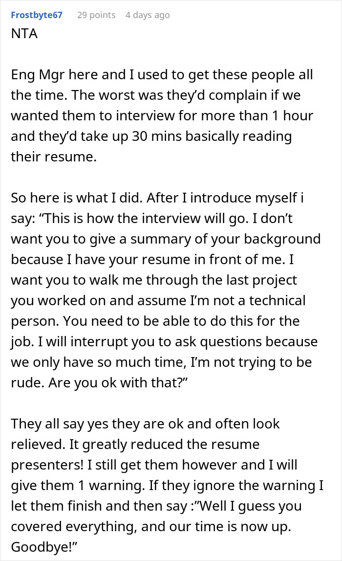 Reddit comment from engineering manager sharing tips on handling job interviews and candidate resume presentations.