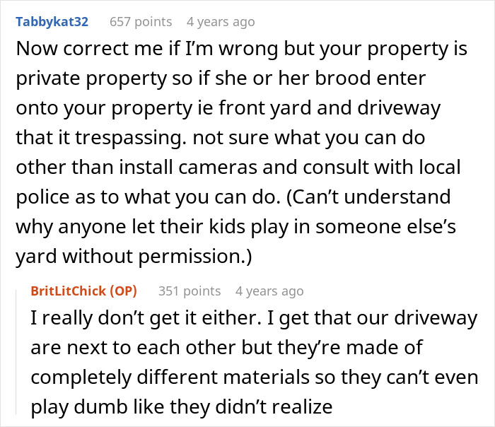 Screenshot of online discussion about neighbors treating driveway like backyard, with concerns about trespassing and property boundaries.