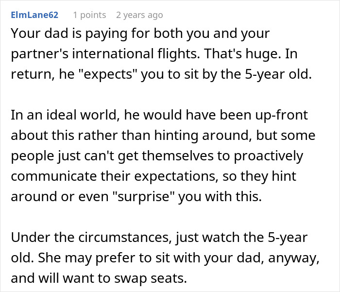 Text from a forum discussing avoiding babysitting a little sister during a trip paid for by dad and seat-swapping to do so.