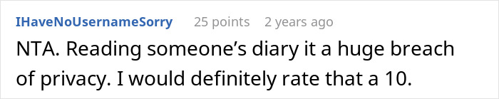 Screenshot of a forum comment debating the privacy breach when a man reads his wife’s diary behind her back. Screenshot of a forum comment debating the privacy breach when a man reads his wife’s diary behind her back.