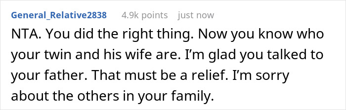 Comment on Reddit discussing a gay man&rsquo;s experience attending his twin&rsquo;s wedding with his partner despite not being invited.