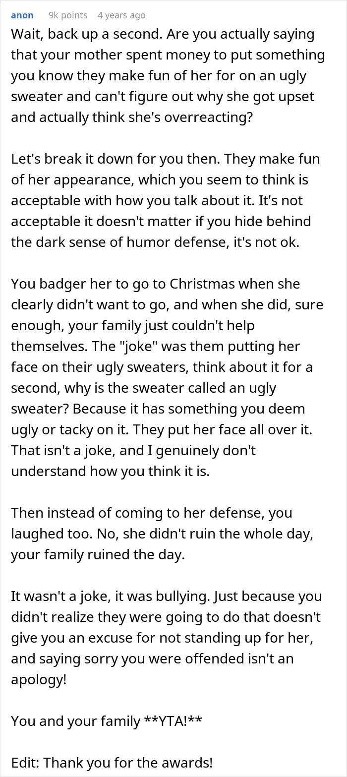 Text post discussing a woman walking out on family gathering after boyfriend’s family mocked her scar with an ugly sweater joke. Text post discussing a woman walking out on family gathering after boyfriend’s family mocked her scar with an ugly sweater joke.