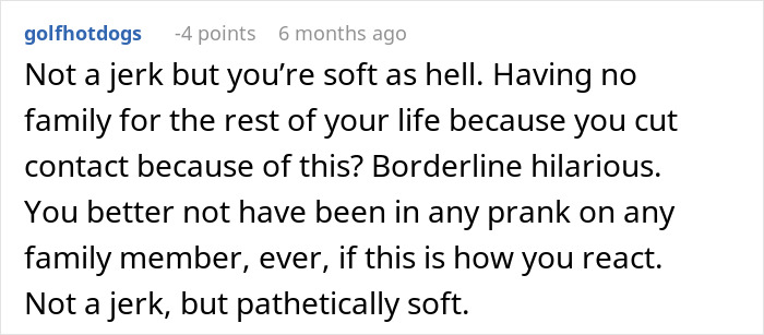 Screenshot of a Reddit comment discussing the family stages fake legal notice prank and cutting contact reaction. Screenshot of a Reddit comment discussing the family stages fake legal notice prank and cutting contact reaction.