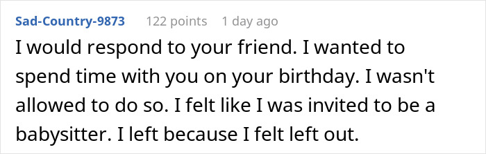 Text post showing a user explaining feeling like a babysitter and leaving a friend's party without saying goodbye. - 16