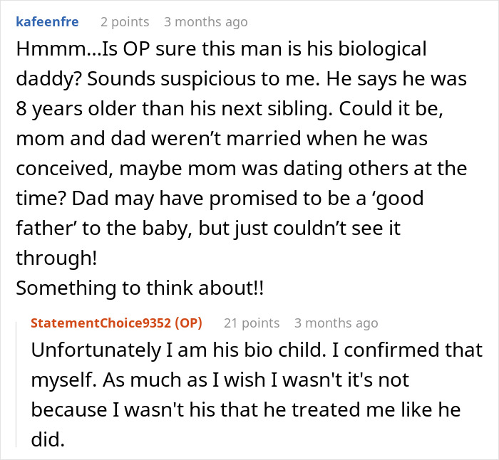 Screenshot of an online discussion about a man refusing to donate an organ to his abusive father from childhood.