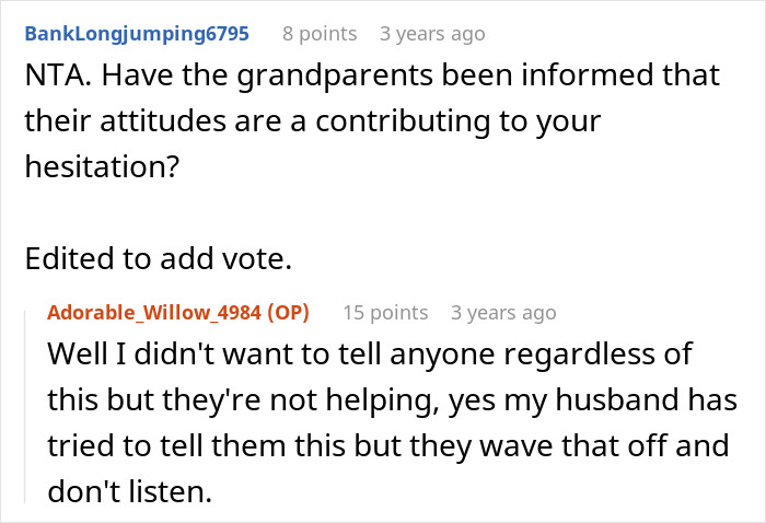 Screenshot of a Reddit conversation about traditional parents badgering DIL over unborn grandchild’s gender, causing family tension. - 14
