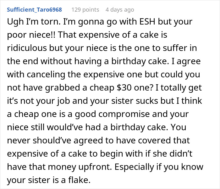 Comment discussing drama over sister demanding aunt with no kids pay for birthday cake after order was canceled. - 17