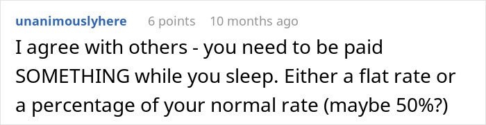 Comment about nanny pay dispute, discussing work hours and fair payment for overnight shifts. - 23