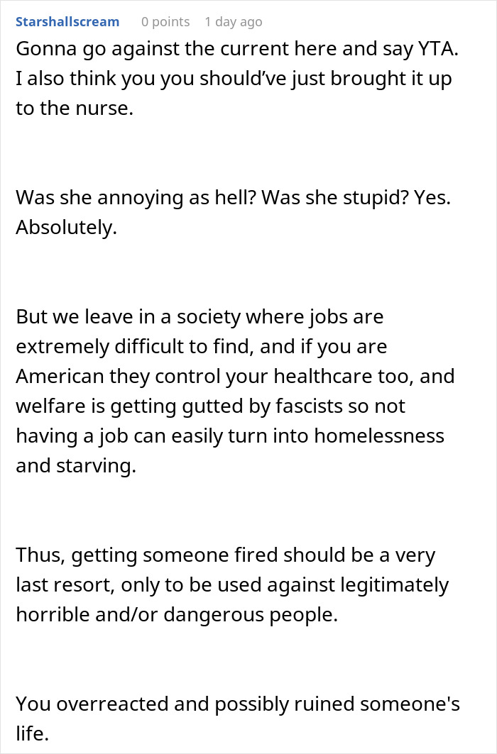Online comment expressing disapproval of getting a new nurse fired over false accusations of an affair with a father. Online comment expressing disapproval of getting a new nurse fired over false accusations of an affair with a father.