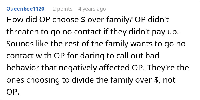 Comment discussing a woman missing flight babysitting niece and her family refusing compensation, highlighting family conflict. - 30