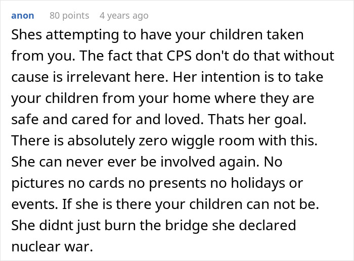 Comment warning about MIL attempting to take children and CPS threats in a serious family conflict situation. Comment warning about MIL attempting to take children and CPS threats in a serious family conflict situation.
