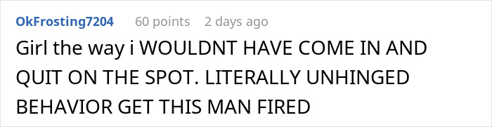 Comment expressing outrage over boss not wanting employee bikini pictures posted, calling behavior unhinged and demanding firing. - 18