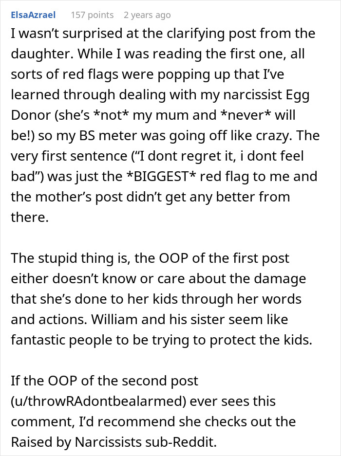 Comment discussing red flags and emotional harm in a manipulative mom daughter story drama on an online forum. - 73