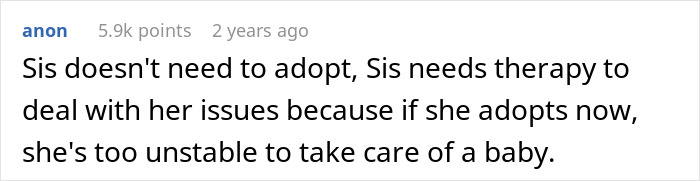 Text post from anon with 5.9k points discussing therapy and adoption issues related to a baby-mad woman&rsquo;s struggles.