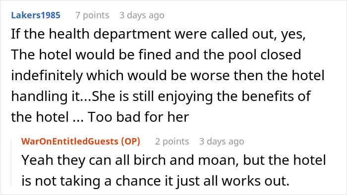 Forum discussion about Karen’s kid poop incident and hotel pool being fined or closed indefinitely due to health concerns. - 23