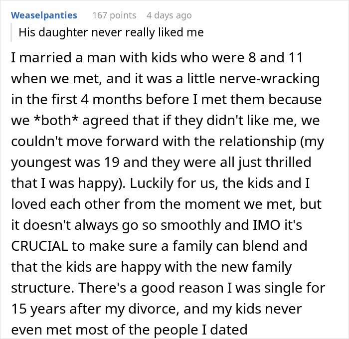 Screenshot of an online forum post discussing family dynamics and challenges blending new relationships with kids.