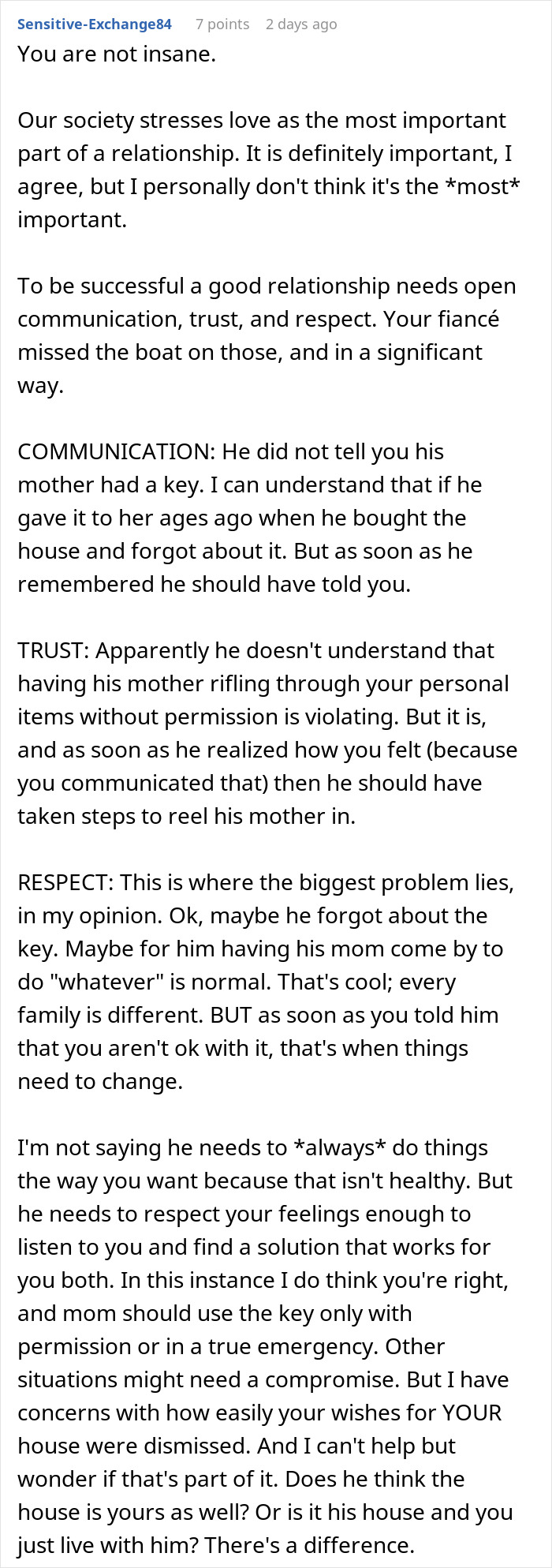 Man confused why fiancee is upset about mother-in-law having their house key without her knowledge. - 41
