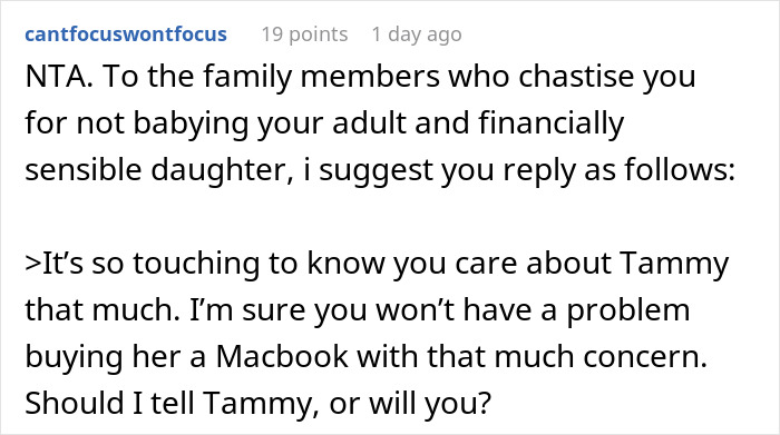 Screenshot of a Reddit comment defending a 21-year-old spending her money on a family vacation amid family jealousy.