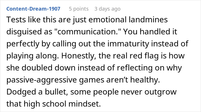 Comment discussing emotional landmines in relationships and calling out passive-aggressive behavior in social media tests. - 32