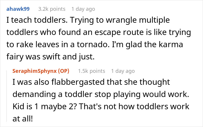 Screenshot of an online discussion about toddlers, sharing a shocking story involving a toddler Karen banned incident. - 16