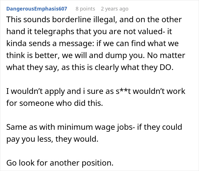 Comment warning that reapplying for work or a position may signal being undervalued and advising to look for another position. - 19
