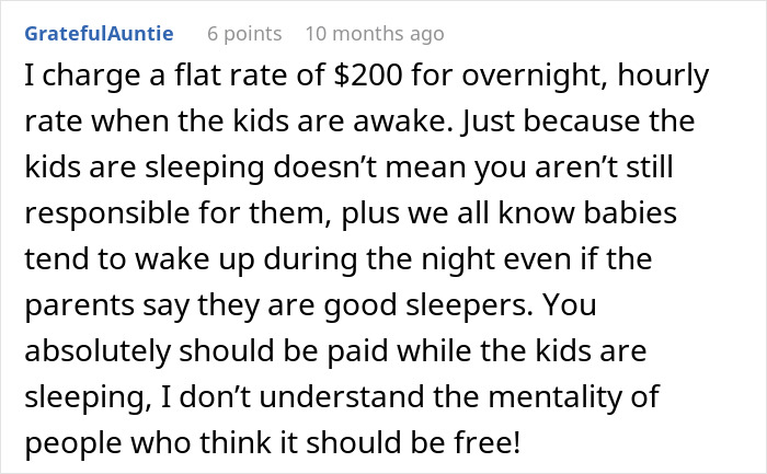 Commenter explaining why a nanny asked to work 20 hours overnight should be paid for the entire time, not just 8 hours. - 22