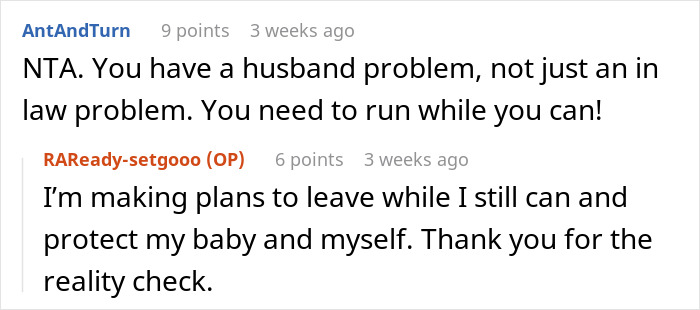 Screenshot of a social media exchange about a husband and family conflict after a pregnant woman refuses to babysit niblings.