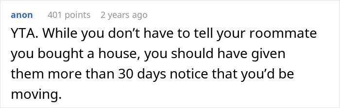 Screenshot of a Reddit comment discussing not telling roommate about buying a house until the closing was complete.