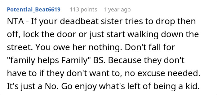 Comment advising a 17-year-old to set boundaries after years of unpaid babysitting without respect. - 31