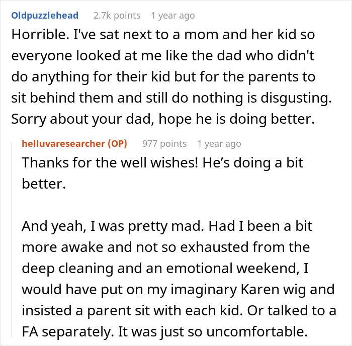 Alt text: Reddit comments discussing woman blamed for rowdy kids during flight while parents sat behind her and got drunk. - 18