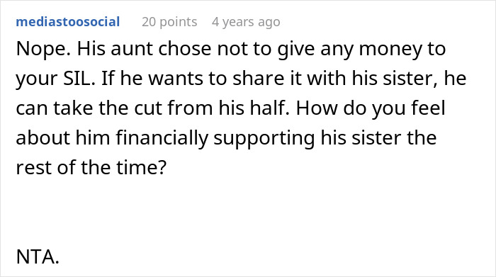 Comment discussing husband promising daughter's inheritance to freeloader sister, sparking wife's upset and family conflict. - 29