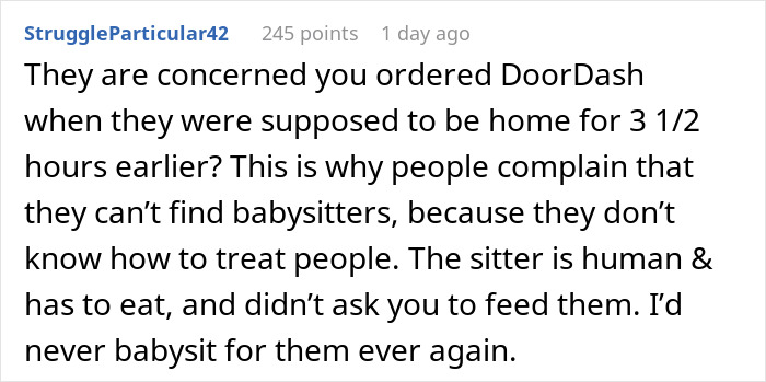 Screenshot of a discussion about order DoorDash while babysitting and concerns over timing and sitter treatment. Screenshot of a discussion about order DoorDash while babysitting and concerns over timing and sitter treatment.