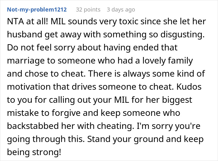 Reddit comment discussing MIL left shocked after woman calls her out for teaching her son cheating is ok.