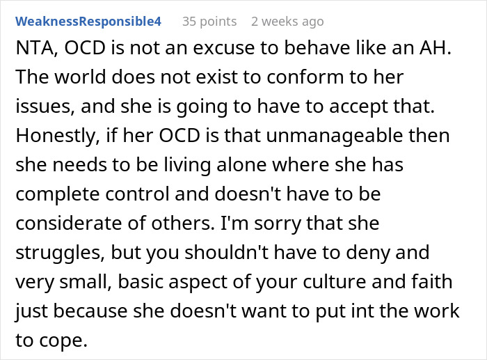 Comment discussing woman&rsquo;s OCD triggering issues over roommate&rsquo;s Jewish traditions and challenges with cultural respect.