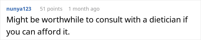 Comment about consulting a dietician relating to weight loss medication and humorous boyfriend response in an online discussion. Comment about consulting a dietician relating to weight loss medication and humorous boyfriend response in an online discussion.